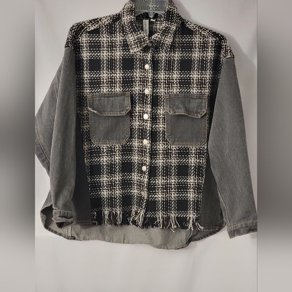 Grace & Karma Denim Plaid Tweed Shacket Size M